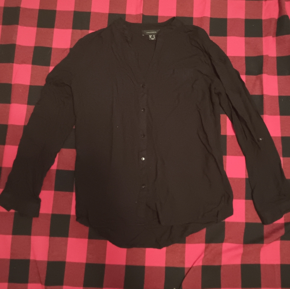Black collarless button down shirt